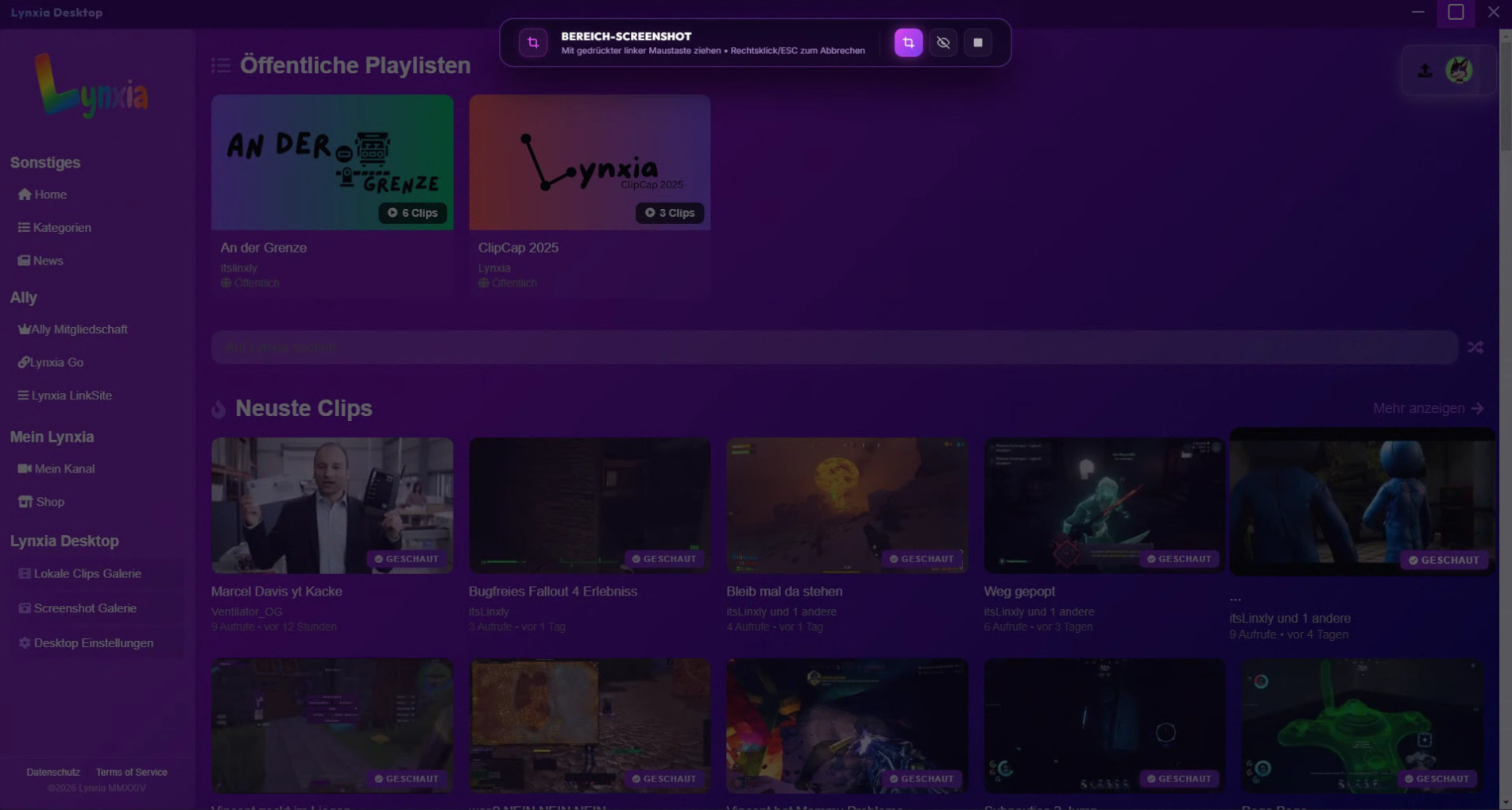 Screenshot Overlay bei Lynxia Desktop